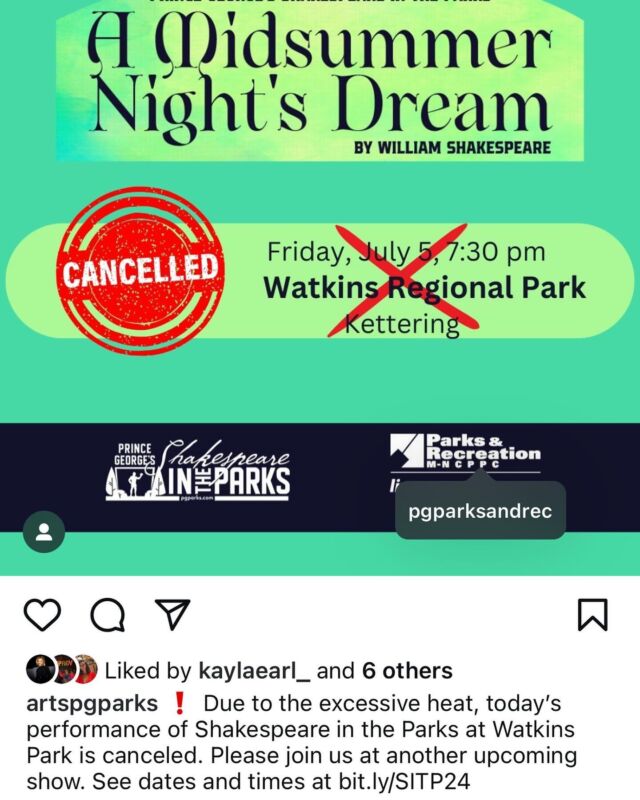 We’ve had to cancel our last two dates due to excessive heat. Our next date is Tuesday, July 9th at Brookside Gardens in Wheaton, MD at 6:30 p.m. Check the link above for details. #shakespeare #inthepark  #theshowwillgoon